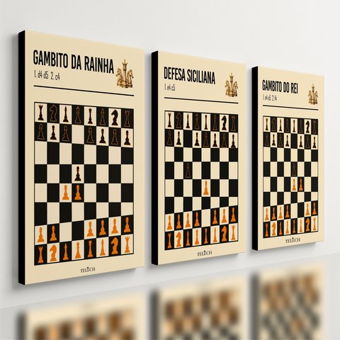 Kit 3 Quadro Decorativo Aberturas Xadrez Estratégia Chess 28x20cm
