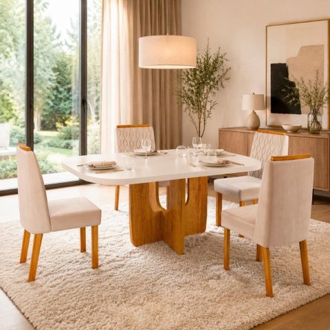 Sala de Jantar 130x90 Olivia 4 Cadeiras Bom Pastor Base Naturale Cadeiras Bege