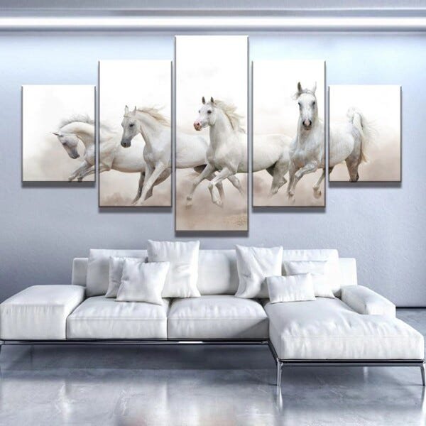QUADROS DECORATIVOS 5 PEÇAS CAVALOS BRANCOS SELVAGENS - 1