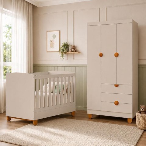 Berço Mini Cama com Guarda Roupa Apolo MDF Areia Fosco Reller Móveis
