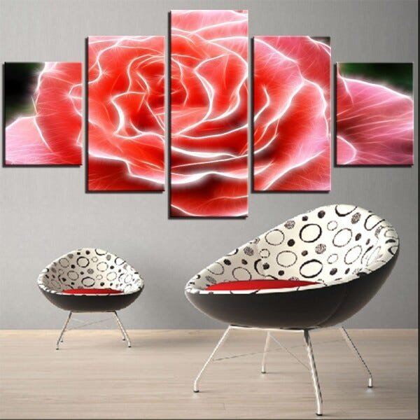 QUADROS DECORATIVOS 5 PEÇAS ROSA VERMELHA BRILHANTE - 1