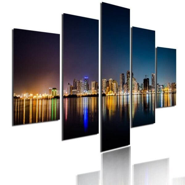 QUADROS DECORATIVOS 5 PEÇAS CIDADES LUZES BRILHANTES - 1