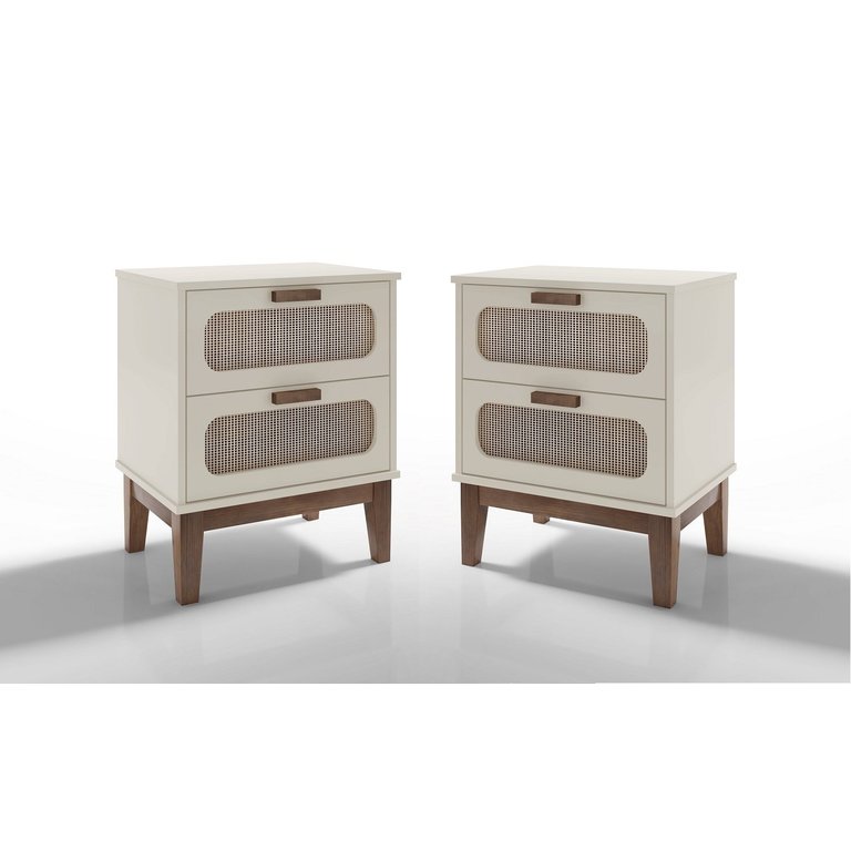Kit 2 Mesa de Cabeceira Santorini 45cm Pés de Madeira para Quarto Cor:off White
