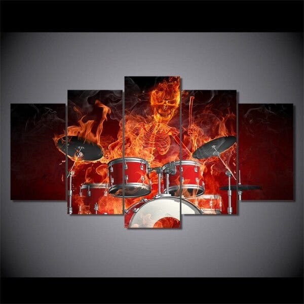 QUADROS DECORATIVOS 5 PEÇAS BATERIA CAVEIRAS BATERISTA FOGO - 1