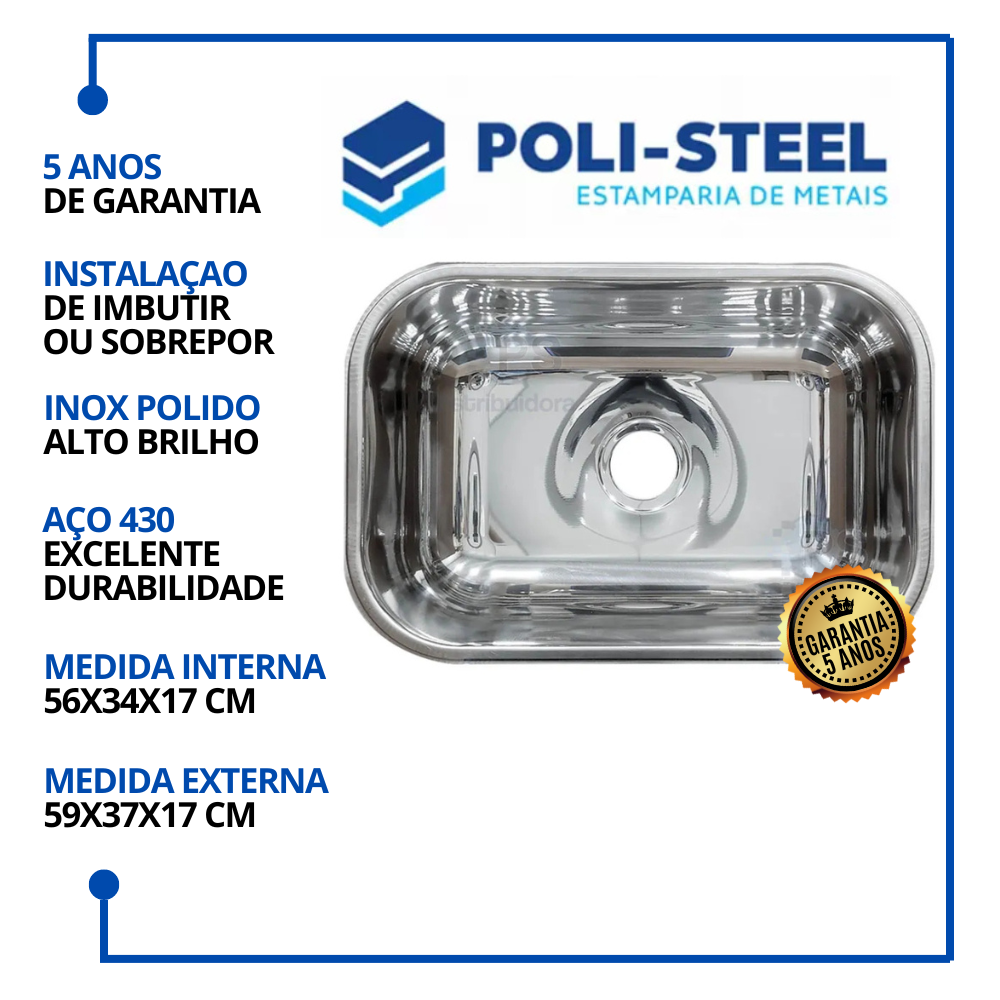 Cuba Inox 56x34x17 - Aço 430 Poli-steel Inox Polido - Alto Brilho - 2