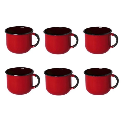 Jogo de Xícara de Chá 06 Peças Esmaltada Vermelho 240 Ml Ewel