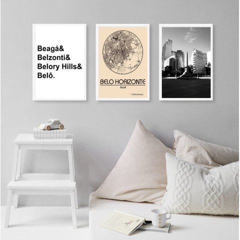 Kit 3 Quadros Decorativos Belo Horizonte-mapa Cidade 45x34cm - com Vidro:madeira Branca