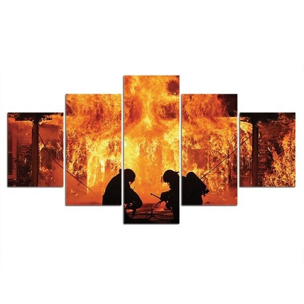 QUADROS DECORATIVOS 5 PEÇAS BOMBEIRO HEROI CHAMAS FOGO - 1