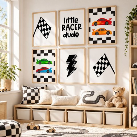 Kit 6 Quadros Infantil Carros Quarto Bebê 40x60 Moldura Madeira NO3