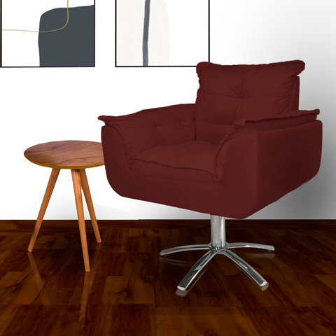 Poltrona Decorativa Estofada Base Giratória de Metal Opala Suede Vermelho Bordo - LM DECOR