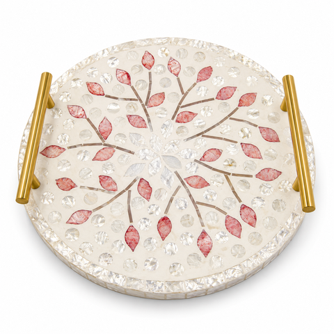 Bandeja Decorativa Madreperola Redonda com Alça 35x4,5cm