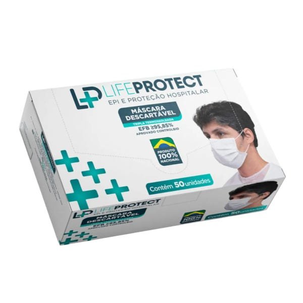 50 Máscara Esterelizada Descatavel Tripla Camada Clip Nasal Life Protect Proteção Diária Cor Branca - 1