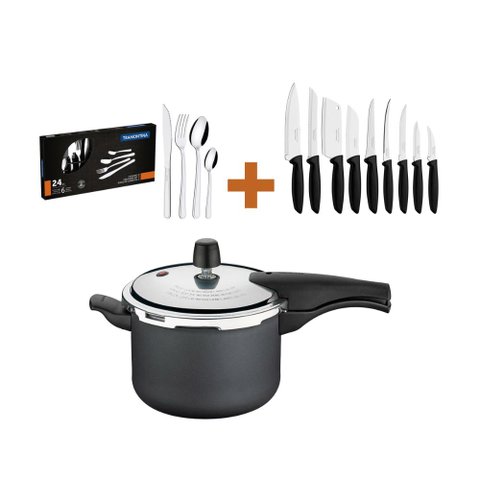 KIT - Panela de Pressão 4,5 Grafite + 1 Conjunto Facas 9pç + 1 Faqueiro Inox 24pç - Tramontina