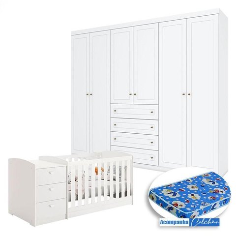 Berço Multifuncional Atlanta e Guarda Roupa 6 Portas Mississipi Branco Fosco Henn com Colchão