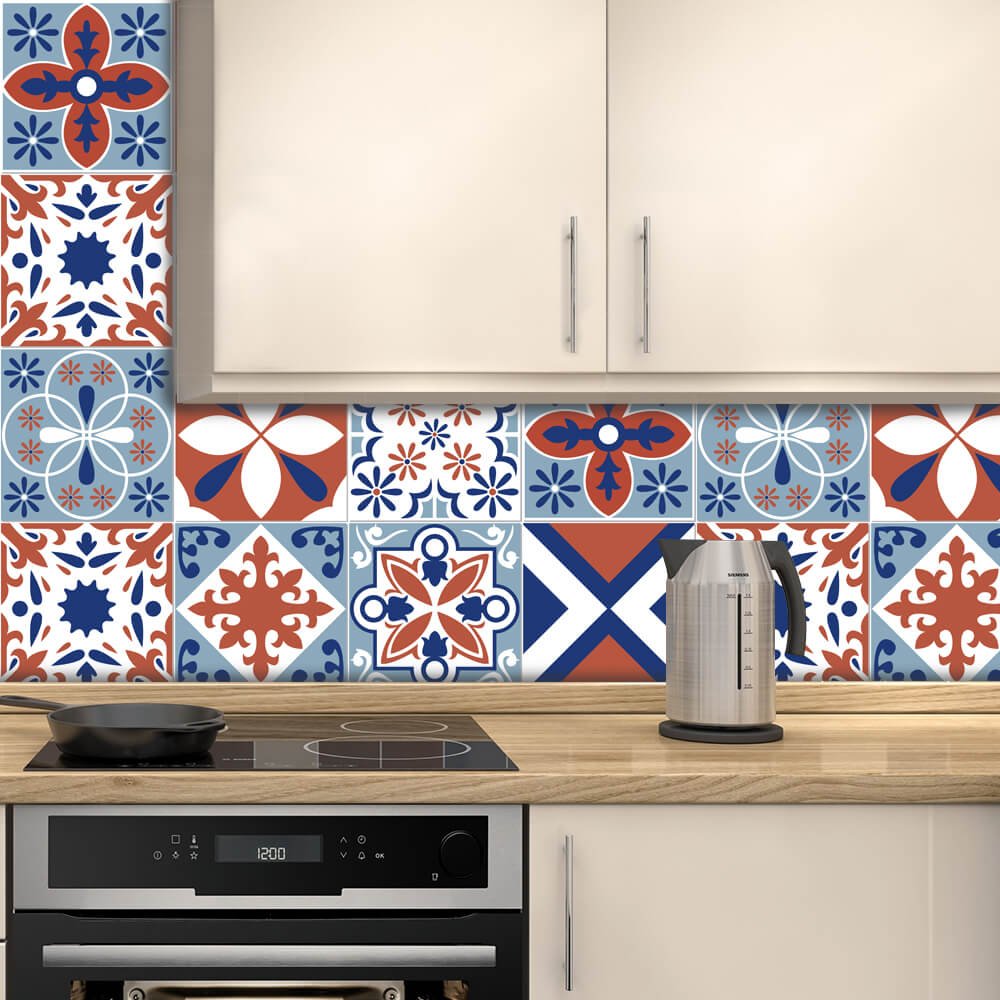 Adesivo de Azulejo Geométrico Branco, Vermelho e Azul Arte Destaque
