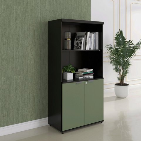 Armário Misto para Escritório 2 Portas com Prateleiras Linha PE40 AM1600PE40 Branco/Preto/Sálvia