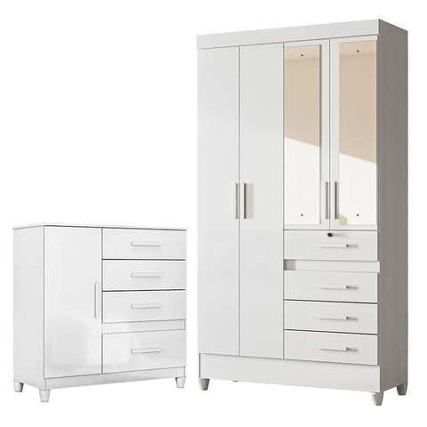 Guarda Roupa Infantil Sobral com Espelho e Cômoda Vênus com Pés Branco Flex – Moval