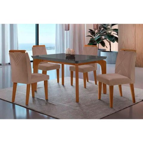 Sala de Jantar Completa Londrina Tampo Madeirado C/ Vidro Curvo 120x80 e 4 Cadeiras Amsterdã Imbuia