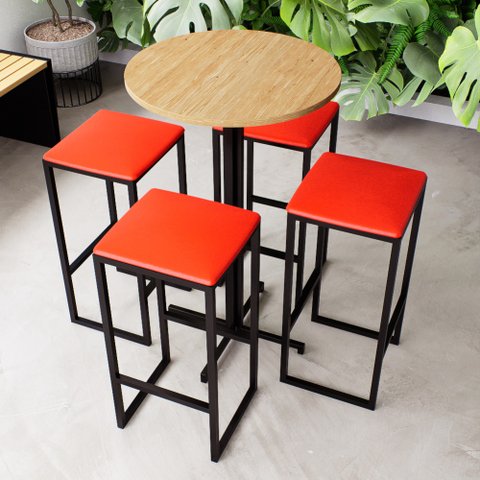 Conjunto Mesa Alta Bar Bistrô Redonda Pinus 4 Bancos Estofado Don Castro Decor