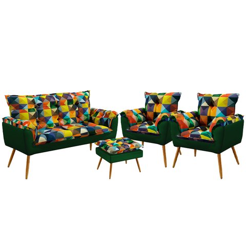 Kit Poltrona Namoradeira e 2 Poltronas Beta com Puff Lunar Suede Estampado Colorido com Verde Aradec