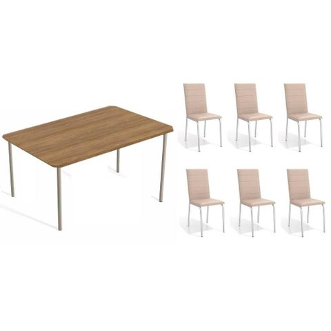 Conjunto: Mesa Sala Jantar Sena C/ Tampo de Madeira 1.60cm + 6 Cadeiras Amsterdã Niquel/corano Bege