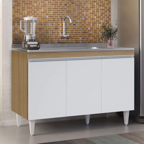 Balcão de Cozinha Manu 3 Portas 1 Prateleira MDP 120cm Amêndoa Branco AJL Móveis