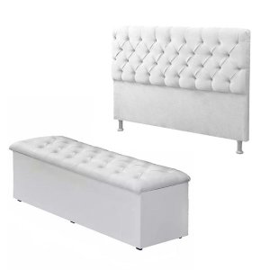 Conjunto Cabeceira com Calçadeira Baú Queen Branco 160cm