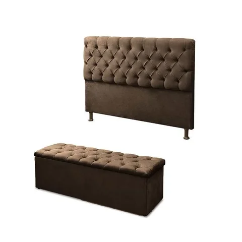 Conjunto Cabeceira Coom Calçadeira Baú Casal 140cm Marrom