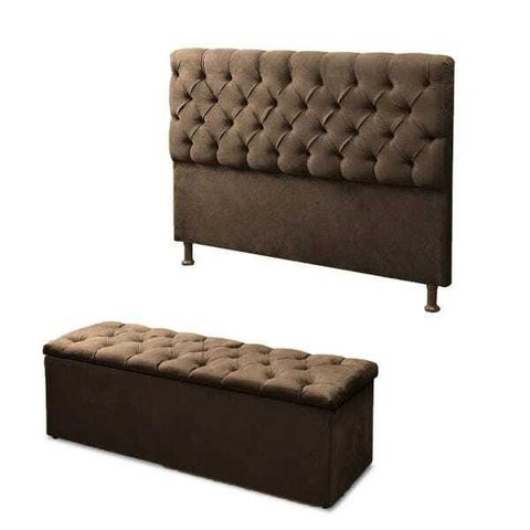 Cabeceira Mais Calçadeira Baú Casal Queen 160cm Para Cama Box Sofia Suede Marrom