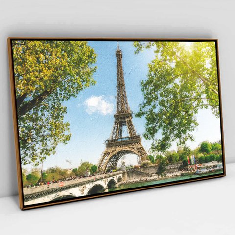 Quadro Decorativo em Canvas Torre Eiffel TACOLADO PAPEL DE PAREDE Moldura Flutuante 4,5cm Freijó 120