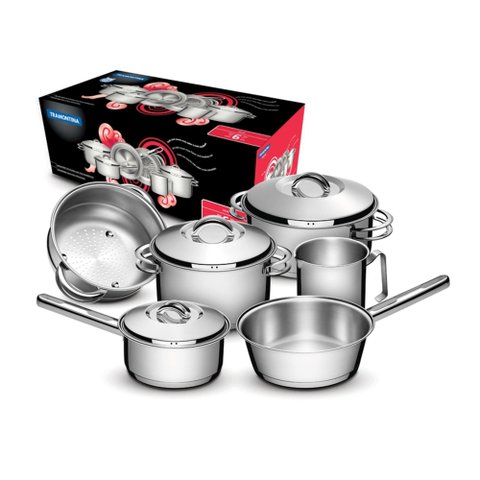 Jogo de Panelas Tramontina Solar em Aço Inox com Fundo Triplo e Tampas de Inox 6 Peças Tramontina