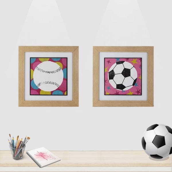 Kit de 2 Quadros “Soccer & Baseball” 48X48Cm com Vidro 3Mm e Moldura Em Madeira Na Cor Palha - 1