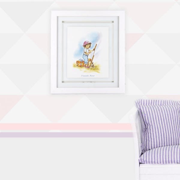 Quadro Infantil “Menina Desenhando” 45x40cm, Sanduíche de Vidro 2mm, Moldura em Madeira cor Branca - 1