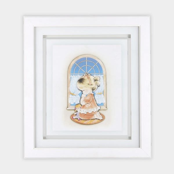 Quadro Infantil “Menina Rezando” 45x40cm, Sanduíche de Vidro 2mm, Moldura em Madeira na cor Branca - 2