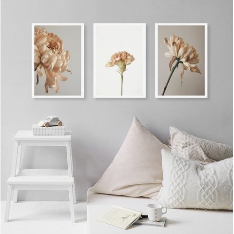 Kit 3 Quadros Decorativos Elegantes Flores Bege 24x18cm:madeira Preta