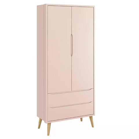 Guarda Roupa Infantil Theo 2 Portas Rosa Fosco com Pés Madeira Natural - Reller Móveis Rosa Fosco