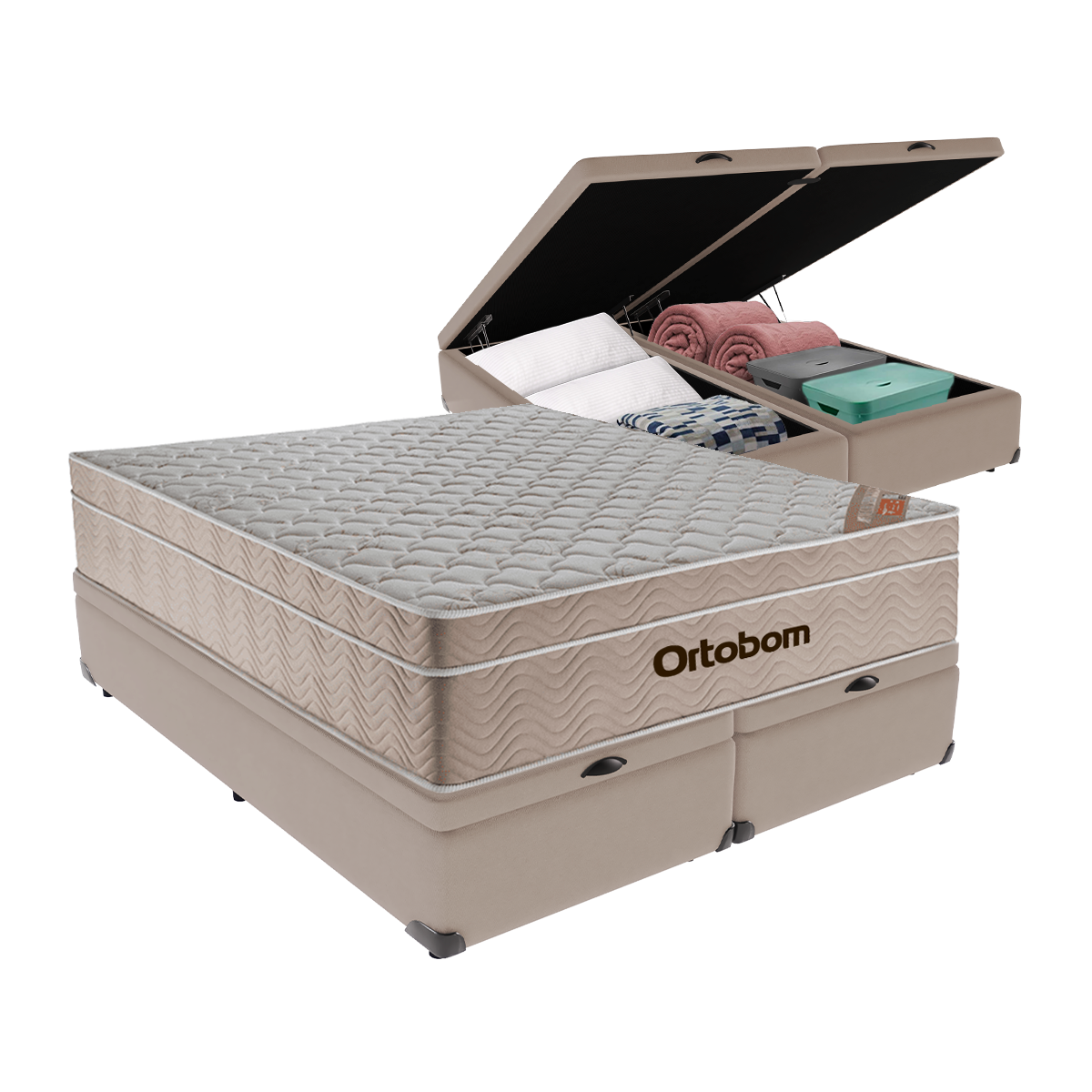 Cama Box Baú Bipartido Casal Bege e Colchão Airtech Springpocket Molas Ensacadas Ortobom