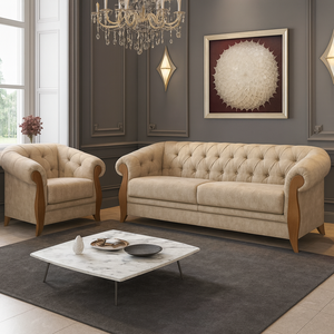 Conjunto Estofado 2 Lugares e Poltrona Capitonê Madeira Nobre Linho Bege Adhara Larbelle