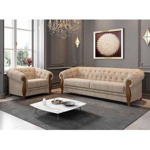 Conjunto Estofado 2 Lugares e Poltrona Capitonê Madeira Nobre Linho Bege Adhara Larbelle