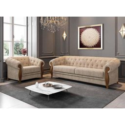 Conjunto Estofado 2 Lug. e Poltrona Capitonê Madeira Nobre Linho Bege Adhara Larbelle - 1