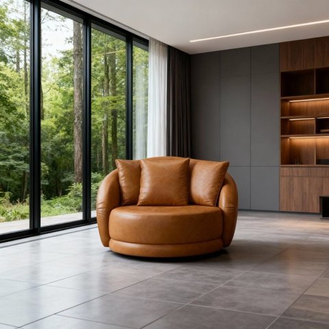 Poltrona Ibiza Orgânica em Courino Caramelo Giratória 122cm com Almofadas Premium Luxo