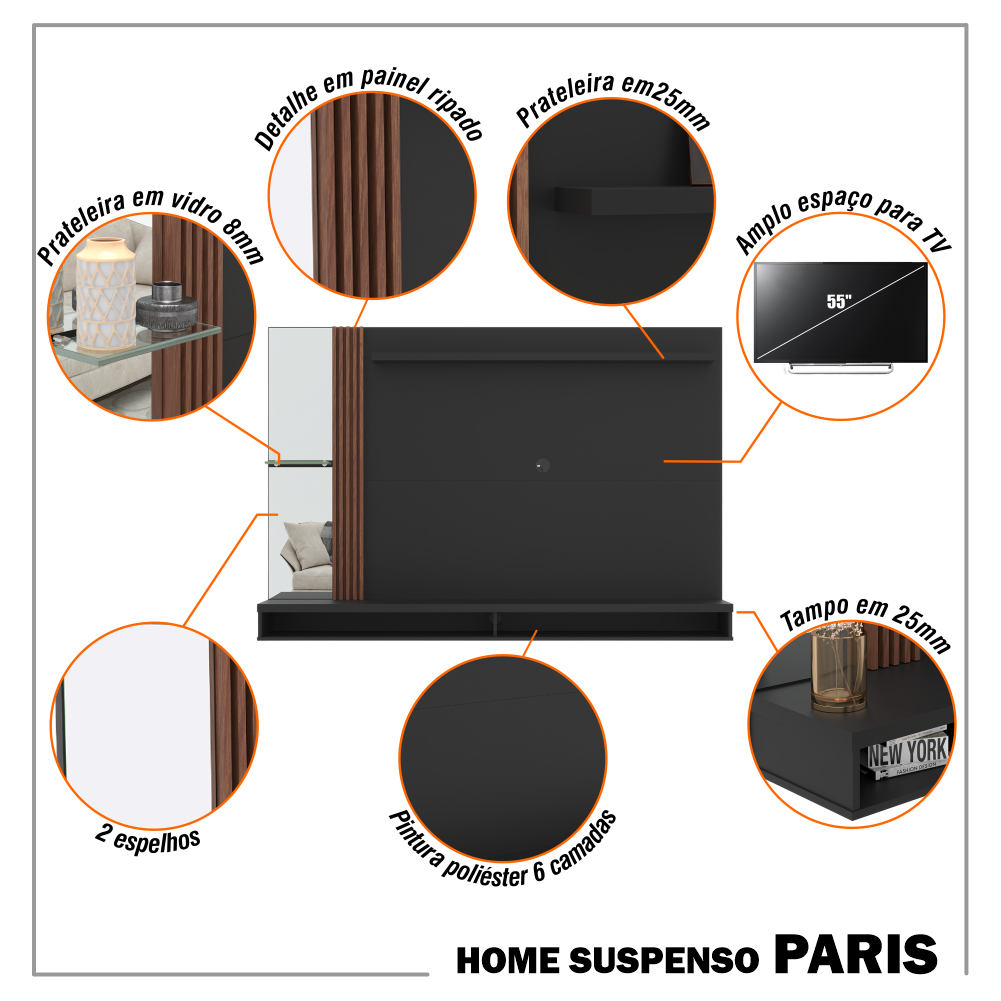 Painel Home Paris para Tv até 55 Polegadas Preto com Naturale - 9