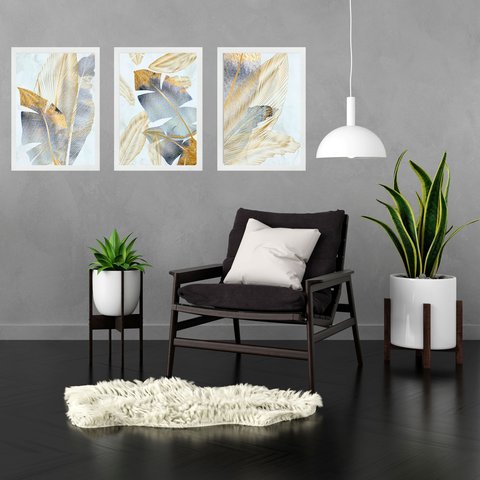 Kit 3 Quadros Folhas Bananeira Prata e Dourado 33x24cm - com Vidro:moldura Branca