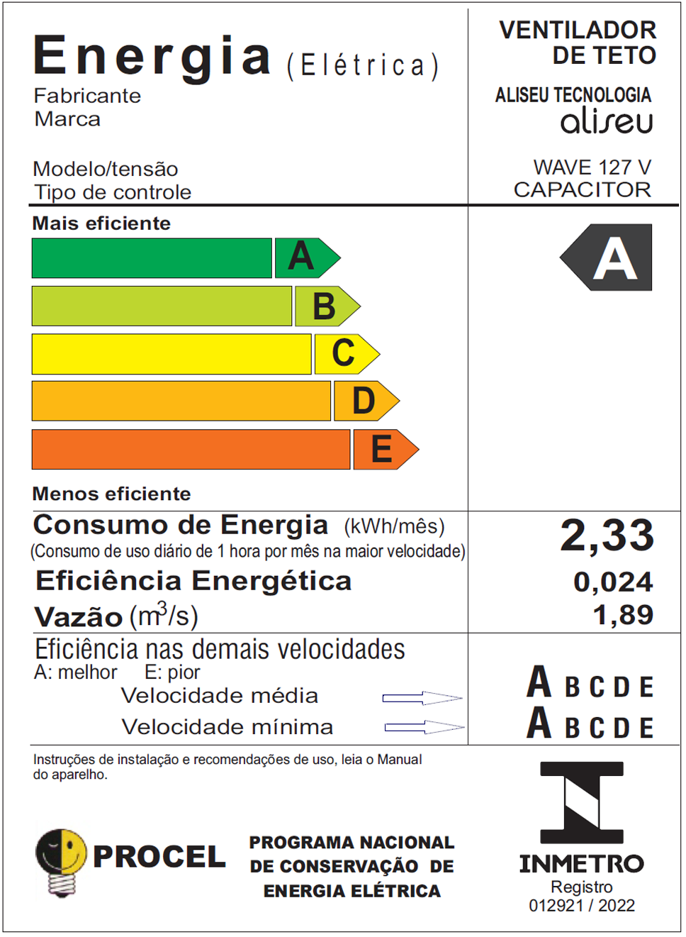 VENTILADOR DE TETO ALISEU WAVE COM CONTROLE DE PAREDE 127v - 2