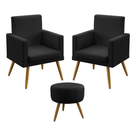 Kit 2 Poltronas Vega Rodapé Com Puff Solar Para Sala de Estar Couro Artificial Preto Aradecor