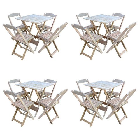 Kit 4 Conjuntos De Mesa Com 4 Cadeiras De Madeira Dobravel 70X70 Sem Pintura/Crua - Marrom