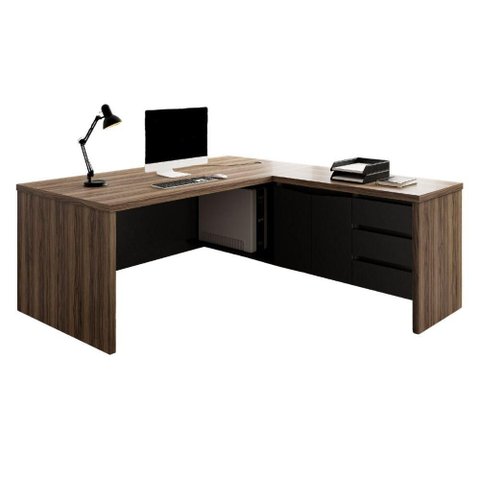 Mesa Escritorio 3 Gavetas 2 Portas em L Tampo Tamburato 190x180 cm Nogal Preto Artany