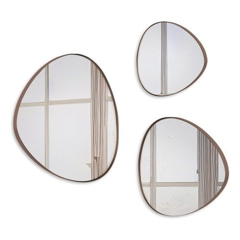 Trio Espelho Orgânico Decorativo Com Moldura De Couro Cor Café