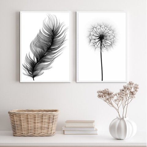 Kit 2 Quadros Minimalistas Modernos Pena e flor 33x24cm - com Vidro:madeira Preta