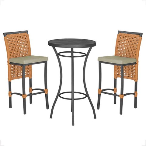 Mesa Bistrô e 2 Banquetas Roma Preta Corda Náutica Estofado 7 Trama Original